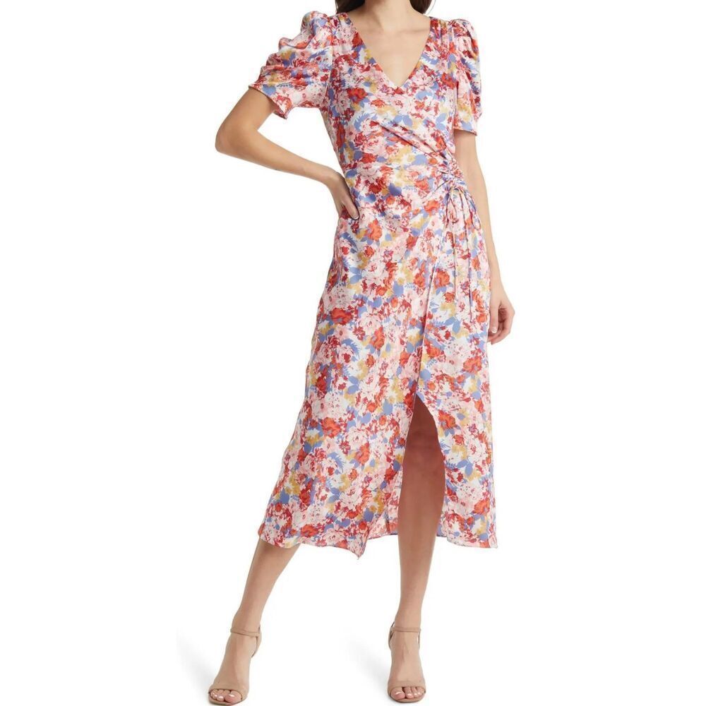 NWOT FLORET STUDIOS Floral Satin Faux Wrap Puff Sleeves Chic Midi Dress XS